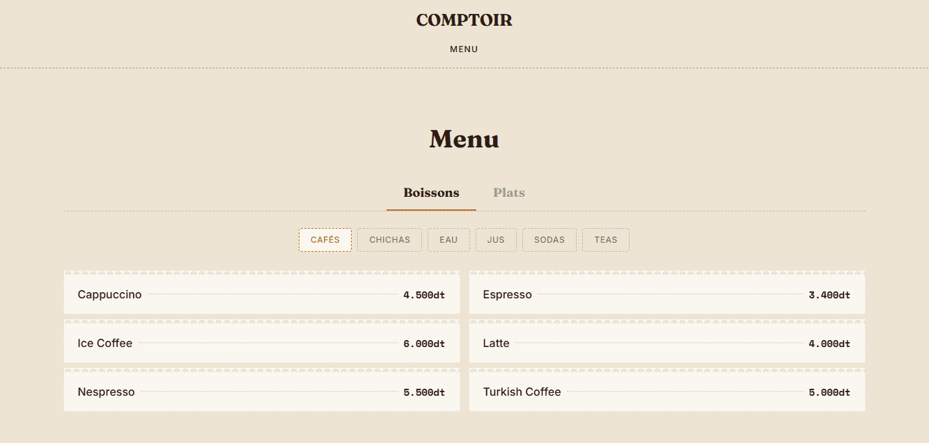 Digital Menu client-facing dashboard